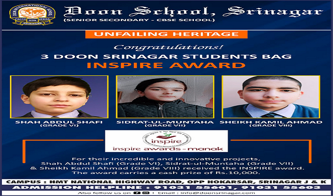 3 DOON SRINAGAR STUDENTS BAG INSPIRE AWARD