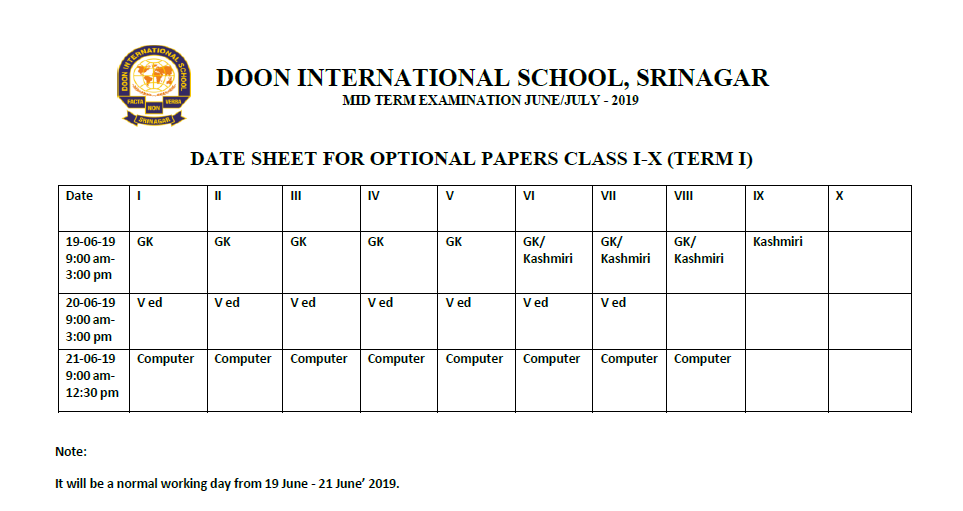Date Sheet for Optional Subjects Mid Term Examination June/July - 2019 (classes I - X)