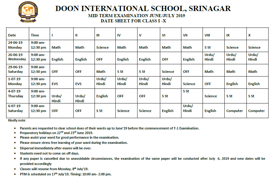 Date Sheet for Mid Term Examination June/July - 2019 (classes I - X)